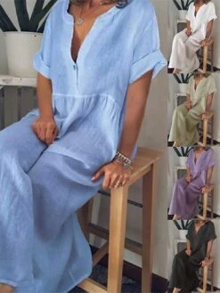 Women's Casual Dress Cotton Linen Dress Maxi Long Dress Cotton Blend Basic Classic Outdoor Daily Vacation Split Neck Button Short Sleeve Summer Spring 2023 Loose Fit Black White Blue Plain S M L XL -HAYz Clothing Shop jtjwff1688634746609
