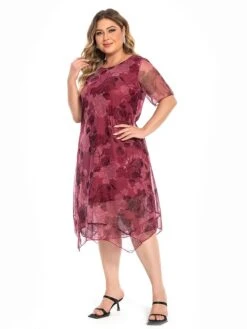 Women's Plus Size Party Dress Cocktail Dress Wedding Guest Dress Midi Dress Wine Blue Short Sleeve Floral Mesh Summer Spring Fall Crew Neck Fashion Wedding Guest Vacation Summer Dress 2023 L XL XXL -HAYz Clothing Shop jtowoq1694771291768