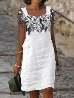 Women's Casual Dress Cotton Linen Dress Shift Dress Midi Dress Cotton Blend Fashion Modern Outdoor Daily Vacation Square Neck Lace Short Sleeve Summer Spring 2023 Regular Fit Black White Gray Leaf S -HAYz Clothing Shop jttyty1682056856302