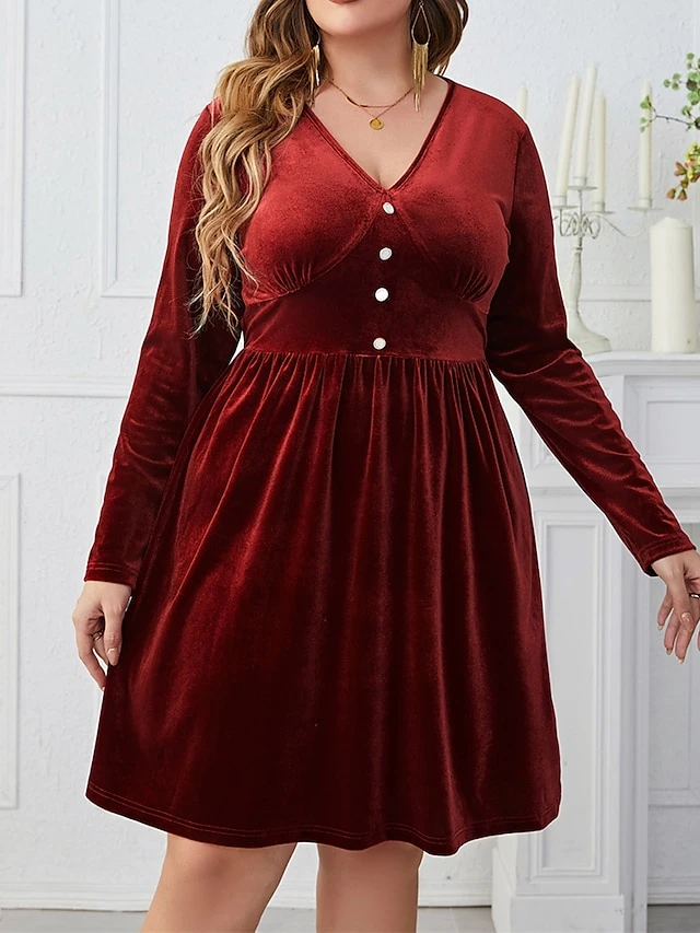 Women's Plus Size Party Dress Velvet Dress Cocktail Dress Midi Dress Wine Long Sleeve Pure Color Ruched Spring Fall Winter V Neck Fashion Winter Dress Wedding Guest Birthday 2023 XL XXL 3XL 4XL 3 Women's Plus Size Party Dress Velvet Dress Cocktail Dress Midi Dress Wine Long Sleeve Pure Color Ruched Spring Fall Winter V Neck Fashion Winter Dress Wedding Guest Birthday 2023 XL XXL 3XL 4XL - Image 3