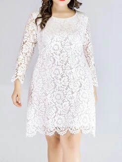 Women‘s Plus Size Curve Lace Dress Work Dress A Line Dress Solid Color Midi Dress Long Sleeve Lace Crew Neck Fashion Office Black White Spring Fall L XL XXL 3XL 4XL -HAYz Clothing Shop jtxooo1673001186050