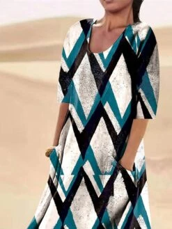 Women's Casual Dress Cotton Linen Dress Swing Dress Midi Dress Polyester Fashion Casual Daily Outdoor Daily Vacation Crew Neck Pocket Print 3/4 Length Sleeve Summer Spring Fall 2023 Regular Fit Blue -HAYz Clothing Shop jupujn1690959756532