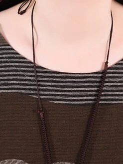 Women's Casual Dress Cotton Linen Dress Loose Dress Midi Dress Cotton Basic Classic Outdoor Daily Vacation Crew Neck Print Long Sleeve Spring Fall Winter 2023 Loose Fit Wine Brown Striped M L XL 2XL -HAYz Clothing Shop juuarb1692778413245