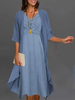 Women's Two Piece Dress Set Casual Dress Chiffon Dress Daily Vacation Fashion Elegant Twist Knot Front Midi Dress V Neck 3/4 Length Sleeve Plain Regular Fit Blue Green Summer Spring S M L XL XXL -HAYz Clothing Shop jvajdj1681105563103
