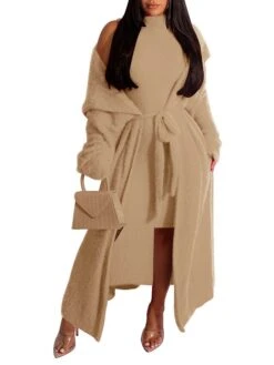 Women's Two Piece Dress Set Casual Dress Sheath Dress Daily Going Out Fashion Streetwear Lace Up Midi Dress Stand Collar Long Sleeve Plain Slim Black Yellow Wine Fall Winter S M L XL XXL -HAYz Clothing Shop jvpaxq1693295543204