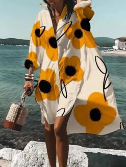 Women's Shirt Dress Casual Dress A Line Dress Midi Dress Winter Dress Daily Holiday Polyester Vacation Stylish Shirt Collar High Low Dress Print Long Sleeve Summer Spring Fall 2022 Loose Fit White -HAYz Clothing Shop jvrsmb1661741105833