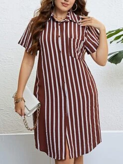 Women‘s Plus Size Curve Shirt Dress Casual Dress Shift Dress Midi Dress Outdoor Daily Vacation Polyester Fashion Modern Shirt Collar Button Pocket Short Sleeve Summer Spring 2023 Regular Fit -HAYz Clothing Shop jvtgqq1691465814513