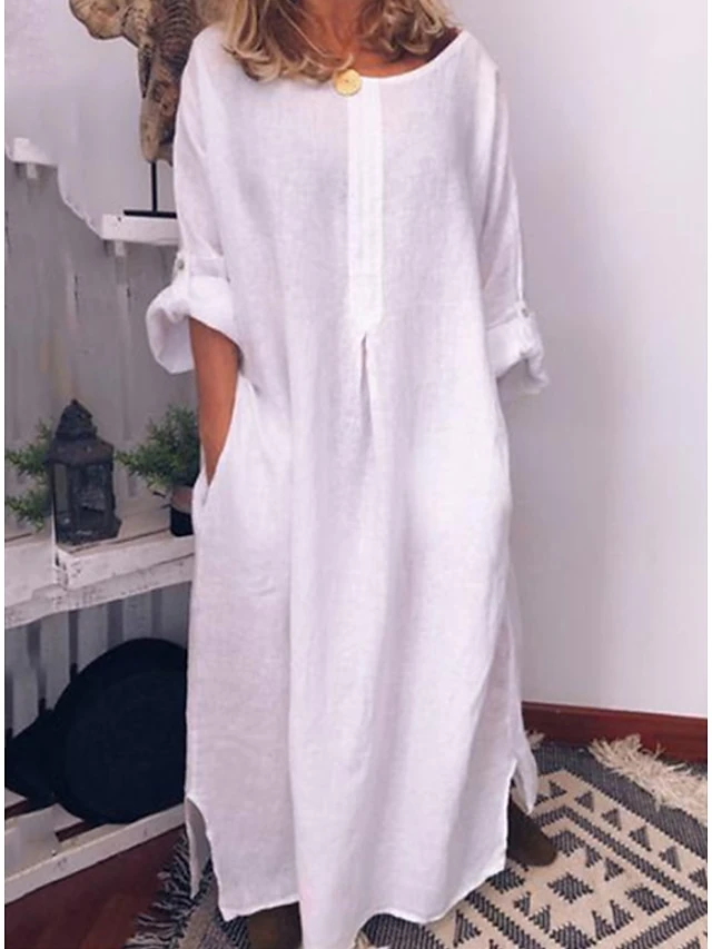 Women's Casual Dress Cotton Linen Dress Shift Dress Maxi Long Dress Cotton Blend Modern Casual Daily Vacation Boat Neck Ruched Pocket Long Sleeve Summer Spring Fall 2023 Loose Fit White Pure Color S 1 Women's Casual Dress Cotton Linen Dress Shift Dress Maxi Long Dress Cotton Blend Modern Casual Daily Vacation Boat Neck Ruched Pocket Long Sleeve Summer Spring Fall 2023 Loose Fit White Pure Color S