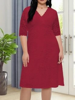 Women‘s Plus Size Curve Party Dress Lace Dress White Dress Solid Color Midi Dress Half Sleeve Lace V Neck Fashion Party White Red Summer Spring XL XXL 3XL 4XL 5XL -HAYz Clothing Shop jvuvjf1681204553854
