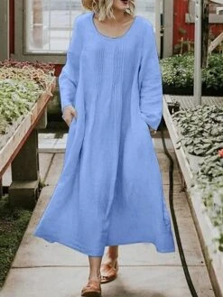 Women's Casual Dress Cotton Linen Dress Swing Dress Maxi Long Dress Linen / Cotton Blend Fashion Classic Outdoor Daily Vacation Crew Neck Ruched Pocket Long Sleeve Summer Spring Fall 2023 Loose Fit -HAYz Clothing Shop jwayih1689325390126