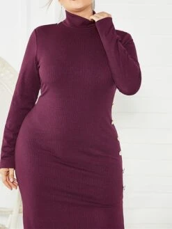 Women's Plus Size Curve Casual Dress Sweater Dress Sheath Dress Plain Midi Dress Long Sleeve Button Split Stand Collar Fashion Daily Black Wine Fall Winter XL XXL 3XL 4XL 5XL -HAYz Clothing Shop jwdvdv1694151464791