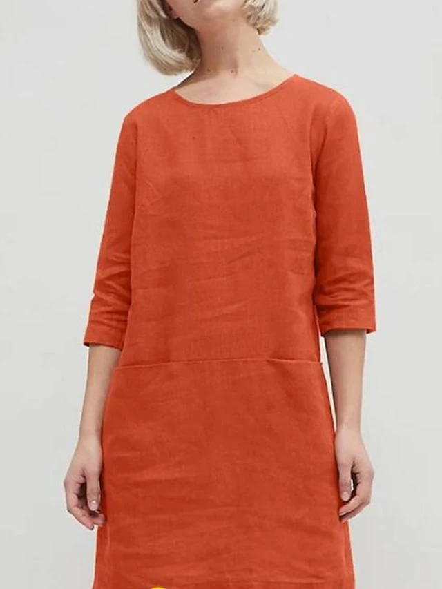 Women's Casual Dress Cotton Linen Dress A Line Dress Mini Dress Cotton Blend Basic Casual Outdoor Daily Crew Neck Pocket 3/4 Length Sleeve Summer Spring Fall 2023 Loose Fit Blue Orange Green Pure 2 Women's Casual Dress Cotton Linen Dress A Line Dress Mini Dress Cotton Blend Basic Casual Outdoor Daily Crew Neck Pocket 3/4 Length Sleeve Summer Spring Fall 2023 Loose Fit Blue Orange Green Pure - Image 2