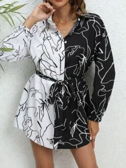 Women's Shirt Dress Casual Dress Mini Dress Outdoor Daily Vacation Polyester Fashion Modern Shirt Collar Lace Up Button Long Sleeve Spring Fall Winter 2023 Loose Fit White Abstract Portrait S M L XL -HAYz Clothing Shop jwvvwh1692352091466