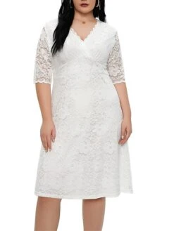 Women‘s Plus Size Curve Party Dress Lace Dress White Dress Solid Color Midi Dress Half Sleeve Lace V Neck Fashion Party White Red Summer Spring XL XXL 3XL 4XL 5XL -HAYz Clothing Shop jwvyzc1681204545737