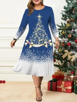 Women's Christmas Plus Size Curve Casual Dress Skater Dress A Line Dress Christmas Tree Snowflake Midi Dress Long Sleeve Print Crew Neck Fashion Outdoor Yellow Wine Fall Winter L XL XXL 3XL 4XL -HAYz Clothing Shop jwwojk1695264753738