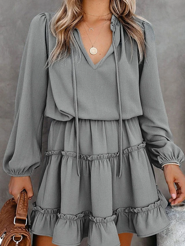 Women's Casual Dress Cotton Linen Dress Mini Dress Cotton Fashion Traditional / Vintage Outdoor Daily Vacation V Neck Ruched Ruffle Long Sleeve Fall Winter Autumn 2023 Loose Fit Black Red Blue Plain 5 Women's Casual Dress Cotton Linen Dress Mini Dress Cotton Fashion Traditional / Vintage Outdoor Daily Vacation V Neck Ruched Ruffle Long Sleeve Fall Winter Autumn 2023 Loose Fit Black Red Blue Plain - Image 5