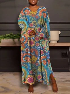 Women's Plus Size Curve Winter Dress Paisley Dress Casual Dress Floral Paisley Long Dress Maxi Dress Long Sleeve Split Print V Neck Fashion Outdoor Black Royal Blue Fall Winter L XL XXL 3XL 4XL -HAYz Clothing Shop jwzpws1693386281174