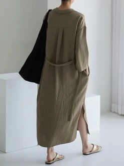 Women's Casual Dress Cotton Linen Dress Shift Dress Midi Dress Linen / Cotton Blend Fashion Basic Outdoor Daily Vacation Shirt Collar Lace Up Pocket Long Sleeve Fall Winter Autumn 2023 Loose Fit -HAYz Clothing Shop jwzxeq1693475209190