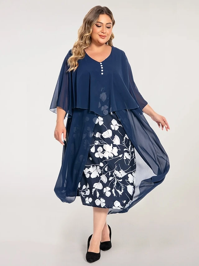 Women's Plus Size Curve Work Dress Floral V Neck Ruched 3/4 Length Sleeve Spring Summer Work Elegant Midi DressLayered Formal Vacation Dress 1 Women's Plus Size Curve Work Dress Floral V Neck Ruched 3/4 Length Sleeve Spring Summer Work Elegant Midi DressLayered Formal Vacation Dress