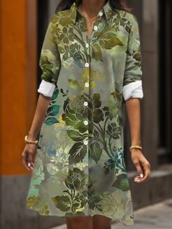 Women's Shirt Dress Casual Dress Midi Dress Outdoor Daily Date Polyester Fashion Modern Shirt Collar Button Pocket Long Sleeve Fall Winter 2023 Loose Fit ArmyGreen Rusty Red Lavender Floral S M L XL -HAYz Clothing Shop jxezhw1695208436990