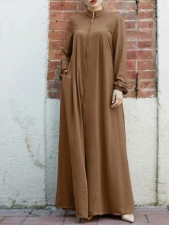 Women's Casual Dress Cotton Linen Dress Abaya Maxi Long Dress Polyester Daily Stylish Outdoor Office Daily Stand Collar Ruched Zipper Long Sleeve Spring Fall Winter 2023 Loose Fit Black Brown Green
