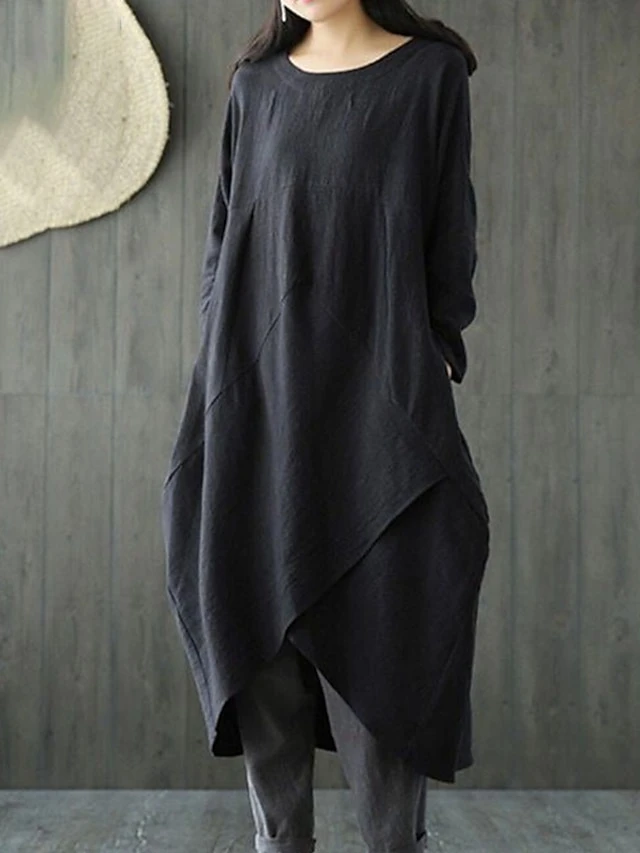 Women's Cotton Linen Dress Casual Dress Shift Dress Maxi Long Dress Cotton Blend Casual Winter Dress Daily Going Out Crew Neck Pocket Layered Long Sleeve Summer Spring Fall 2023 Loose Fit Black Green 3 Women's Cotton Linen Dress Casual Dress Shift Dress Maxi Long Dress Cotton Blend Casual Winter Dress Daily Going Out Crew Neck Pocket Layered Long Sleeve Summer Spring Fall 2023 Loose Fit Black Green - Image 3