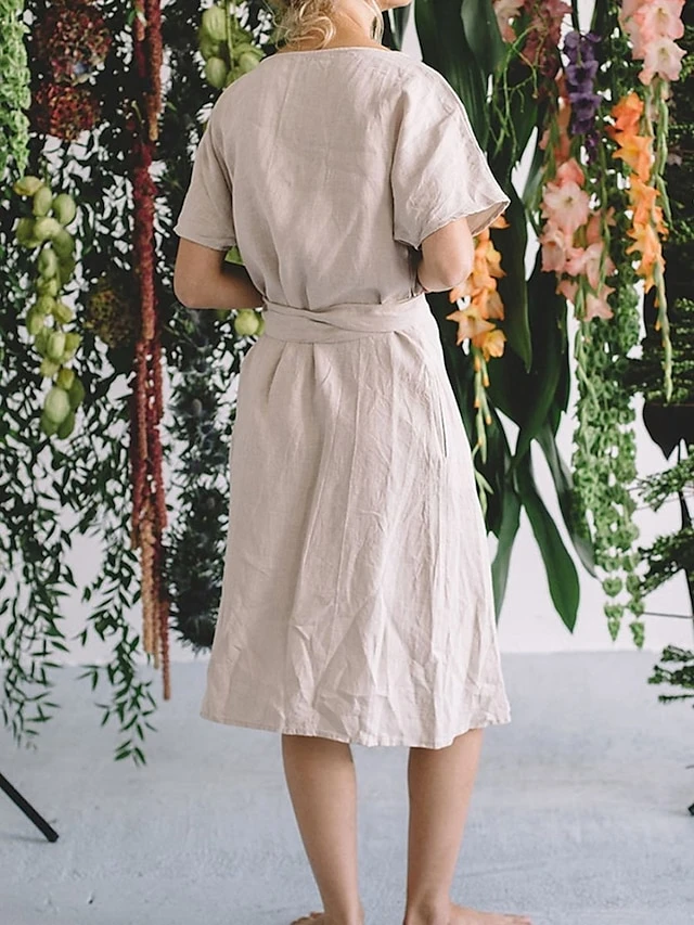 Women's Casual Dress Cotton Linen Dress Wrap Dress Midi Dress Linen / Cotton Blend Fashion Classic Style Outdoor Daily Holiday V Neck Lace Up Pocket Short Sleeve Fall Winter Autumn 2023 Loose Fit 4 Women's Casual Dress Cotton Linen Dress Wrap Dress Midi Dress Linen / Cotton Blend Fashion Classic Style Outdoor Daily Holiday V Neck Lace Up Pocket Short Sleeve Fall Winter Autumn 2023 Loose Fit - Image 4