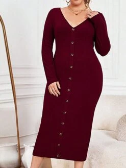 Women's Plus Size Curve Party Dress Sweater Dress Bodycon Plain Midi Dress Long Sleeve Button V Neck Fashion Party Wine Fall Winter XL XXL 3XL -HAYz Clothing Shop jxshdw1695191644510