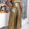 Women's Plus Size Curve Party Dress Swing Dress Evening Gown Plain Long Dress Maxi Dress Sleeveless Pleated Backless One Shoulder Fashion Party Gold Spring Fall XL XXL 3XL 4XL