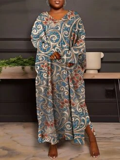 Women's Plus Size Curve Winter Dress Paisley Dress Casual Dress Floral Paisley Long Dress Maxi Dress Long Sleeve Split Print V Neck Fashion Outdoor Black Royal Blue Fall Winter L XL XXL 3XL 4XL -HAYz Clothing Shop jyzmml1693386280346