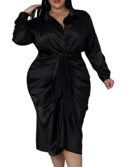 Women‘s Plus Size Curve Flattering Dresses Elegant Apple Shaped Dress Wedding Guest Work Dress Pure Color Shirt Collar Long Sleeve Fall Winter Work Midi Dress Going Out Work Dress Shirt Dress -HAYz Clothing Shop jzemvn1663665119505