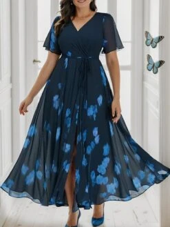 Women's Plus Size Curve Casual Dress Chiffon Dress Swing Dress Floral Long Dress Maxi Dress Short Sleeve Split Print V Neck Fashion Daily Blue Fall Winter L XL XXL 3XL 4XL