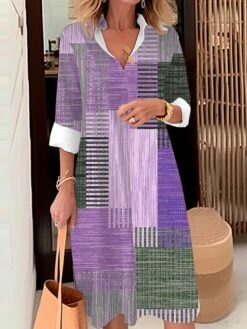 Women's Shirt Dress Casual Dress Midi Dress Outdoor Office Daily Polyester Fashion Modern Shirt Collar Button Pocket Long Sleeve Fall Winter 2023 Loose Fit Yellow Blue Purple Plaid Striped S M L XL -HAYz Clothing Shop jzgrwj1694070523530