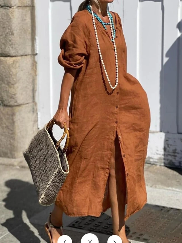 Women's Shirt Dress Casual Dress Cotton Linen Dress Maxi Long Dress Cotton Blend Basic Classic Outdoor Daily Vacation V Neck Button Pocket Half Sleeve Summer Spring Fall 2023 Loose Fit Brown Green 2 Women's Shirt Dress Casual Dress Cotton Linen Dress Maxi Long Dress Cotton Blend Basic Classic Outdoor Daily Vacation V Neck Button Pocket Half Sleeve Summer Spring Fall 2023 Loose Fit Brown Green - Image 2
