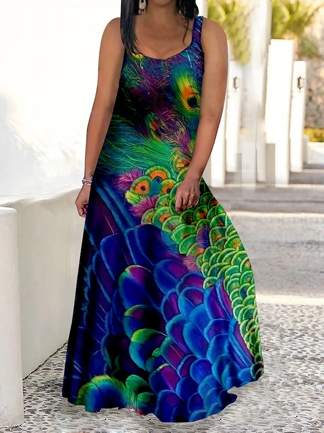 Women‘s Plus Size Curve Casual Dress Swing Dress Strap Dress Peacock Feather Long Dress Maxi Dress Sleeveless Print Strap Romantic Daily Deep Green Multicolor Summer Spring L XL XXL 3XL 4XL 7 Women‘s Plus Size Curve Casual Dress Swing Dress Strap Dress Peacock Feather Long Dress Maxi Dress Sleeveless Print Strap Romantic Daily Deep Green Multicolor Summer Spring L XL XXL 3XL 4XL - Image 7