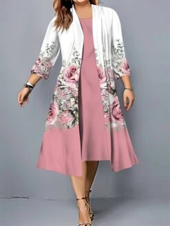 Women's Plus Size Two Piece Dress Set Casual Dress Swing Dress Outdoor Office Fashion Streetwear Print Midi Dress Crew Neck 3/4 Length Sleeve Floral Regular Fit White Pink Dark Pink Fall Winter L XL -HAYz Clothing Shop jzqqrw1697089229418