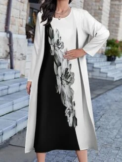 Women's Dress Set Two Piece Dress Long Dress Maxi Dress Black And White Long Sleeve Color Block Print Summer Spring Crew Neck Vacation Winter Dress Fall Dress Loose Fit 2023 S M L XL XXL 3XL 4XL 5XL