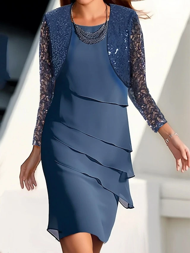 Women's Two Piece Dress Set Party Dress Semi Formal Dress Party Wedding Guest Fashion Elegant Ruffle Layered Mini Dress Crew Neck Long Sleeve Plain Regular Fit Navy Blue Fall Winter S M L XL XXL 2 Women's Two Piece Dress Set Party Dress Semi Formal Dress Party Wedding Guest Fashion Elegant Ruffle Layered Mini Dress Crew Neck Long Sleeve Plain Regular Fit Navy Blue Fall Winter S M L XL XXL - Image 2