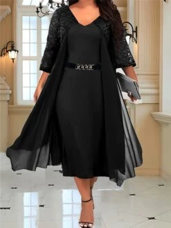 Women's Plus Size Curve Party Dress Lace Dress Cocktail Dress Plain Midi Dress 3/4 Length Sleeve Lace Patchwork V Neck Fashion Party Black Fall Winter L XL XXL 3XL 4XL