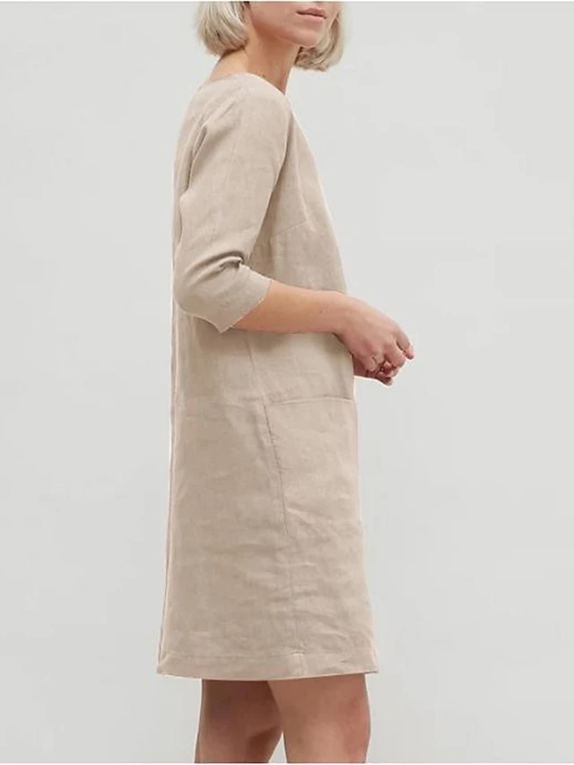 Women's Casual Dress Cotton Linen Dress A Line Dress Mini Dress Cotton Blend Basic Casual Outdoor Daily Crew Neck Pocket 3/4 Length Sleeve Summer Spring Fall 2023 Loose Fit Blue Orange Green Pure 4 Women's Casual Dress Cotton Linen Dress A Line Dress Mini Dress Cotton Blend Basic Casual Outdoor Daily Crew Neck Pocket 3/4 Length Sleeve Summer Spring Fall 2023 Loose Fit Blue Orange Green Pure - Image 4