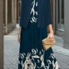 Women's Two Piece Dress Set Casual Dress Swing Dress Outdoor Office Fashion Streetwear Print Midi Dress Crew Neck 3/4 Length Sleeve Leaf Floral Regular Fit Navy Blue Gray Fall Winter S M L XL XXL