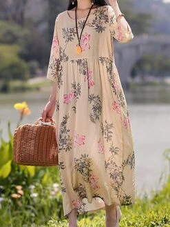 Women's Casual Dress Cotton Linen Dress Swing Dress Midi Dress Linen / Cotton Blend Sweet Style Modern Outdoor Daily Holiday Crew Neck Print 3/4 Length Sleeve Fall Winter Autumn 2023 Loose Fit Yellow -HAYz Clothing Shop kbazgp1693553160538