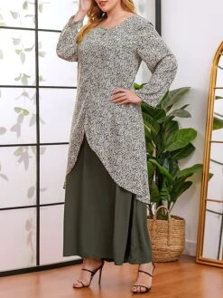 Women's Plus Size Curve Casual Dress A Line Dress Floral Dress Solid Color Floral Long Dress Maxi Dress Long Sleeve Fake Two Piece Crew Neck Fashion Party Green Fall Winter XL XXL 3XL 4XL -HAYz Clothing Shop kbblvn1695018766495
