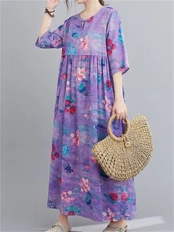 Women's Casual Dress Cotton Linen Dress Swing Dress Midi Dress Linen / Cotton Blend Sweet Style Modern Outdoor Daily Holiday Crew Neck Print 3/4 Length Sleeve Fall Winter Autumn 2023 Loose Fit Light -HAYz Clothing Shop kbidpd1693553159770
