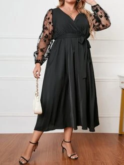 Women's Plus Size Curve Party Dress Wedding Guest Dress Black Dress Long Dress Maxi Dress Black Long Sleeve Flower Patchwork Spring Fall Winter V Neck Fashion Winter Dress Evening Party Wedding Guest