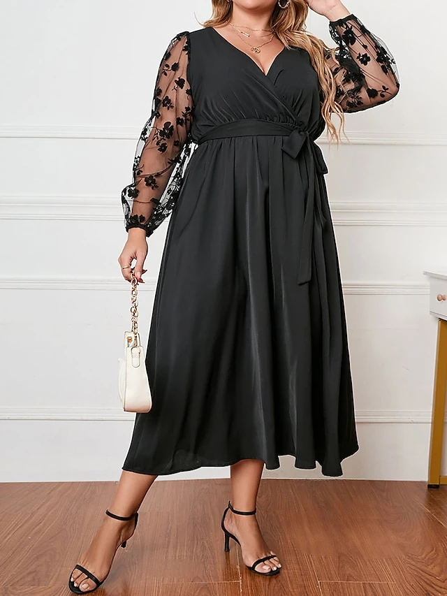 Women's Plus Size Curve Party Dress Wedding Guest Dress Black Dress Long Dress Maxi Dress Black Long Sleeve Flower Patchwork Spring Fall Winter V Neck Fashion Winter Dress Evening Party Wedding Guest 1 Women's Plus Size Curve Party Dress Wedding Guest Dress Black Dress Long Dress Maxi Dress Black Long Sleeve Flower Patchwork Spring Fall Winter V Neck Fashion Winter Dress Evening Party Wedding Guest