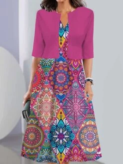 Women's Two Piece Dress Set Casual Dress Tank Dress Outdoor Daily Vintage Casual Pocket Print Midi Dress V Neck 3/4 Length Sleeve Geometric Color Block Regular Fit Black Pink Wine Summer Spring S M L