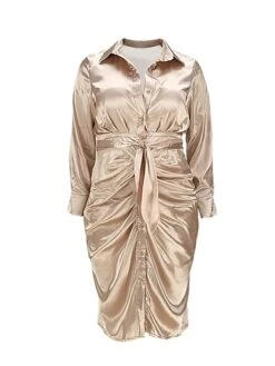 Women‘s Plus Size Curve Flattering Dresses Elegant Apple Shaped Dress Wedding Guest Work Dress Pure Color Shirt Collar Long Sleeve Fall Winter Work Midi Dress Going Out Work Dress Shirt Dress -HAYz Clothing Shop kcbmvu1663665120811