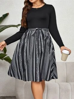 Women's Plus Size Curve Party Dress Winter Dress Black Dress Geometric Midi Dress Long Sleeve Patchwork Bow Crew Neck Fashion Party Black Fall Winter XL XXL 3XL 4XL