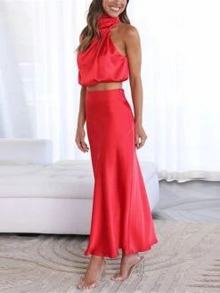 Women's Two Piece Dress Set Casual Dress Skirt Set Daily Holiday Fashion Sexy Ruched Long Dress Maxi Dress Stand Collar Sleeveless Plain Regular Fit Black White Light Green Summer Spring S M L XL -HAYz Clothing Shop kcluwb1690857200050